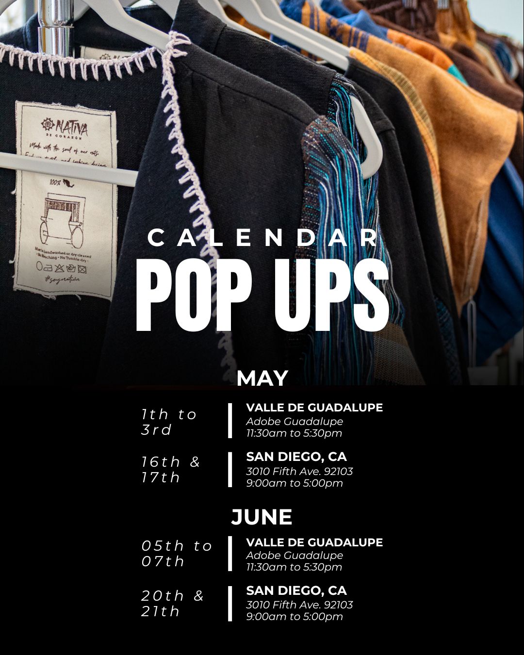 Calendario de Pop Ups para los meses de mayo y junio 2026.