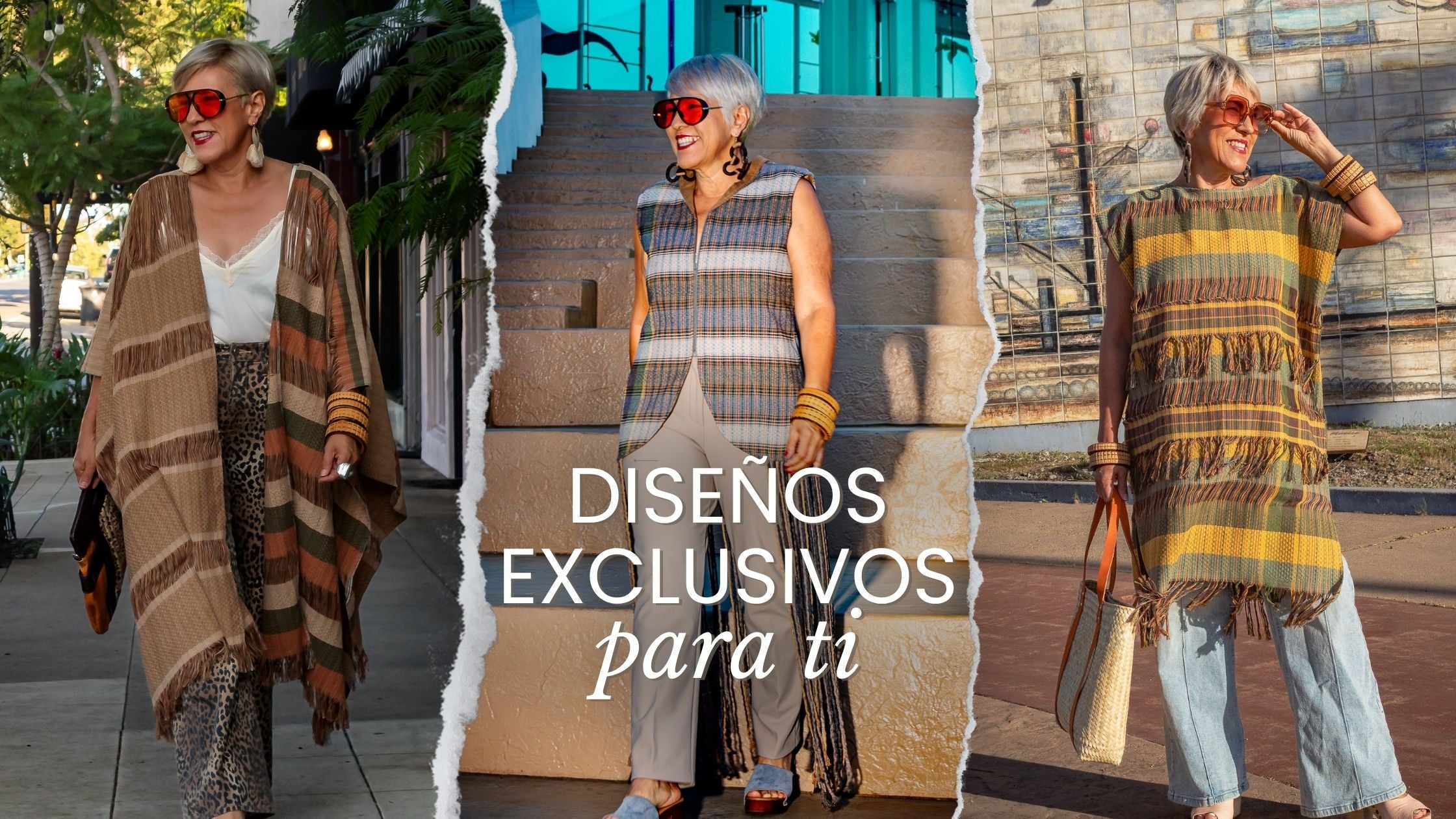 Portada para la sección de la tienda en línea en la que se muestras tres modelos exclusivos de Natiova de Corazón con la leyenda "Diseños Exclusivos para ti".