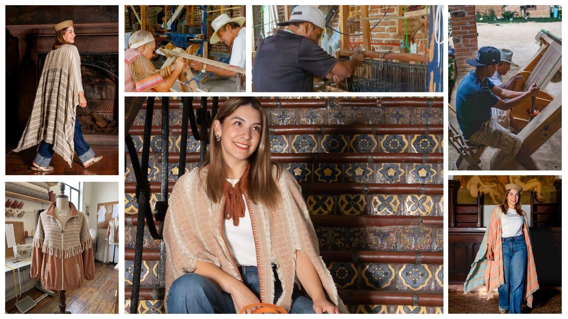 Portada para la web de Nativa de Corazón en la que se muestran algunas prendas elaboradas con textil tejido en telar de pedal de la inspiración Prisma. También se muestran algunos de los pasos en el proceso de tejido de los textiles. 